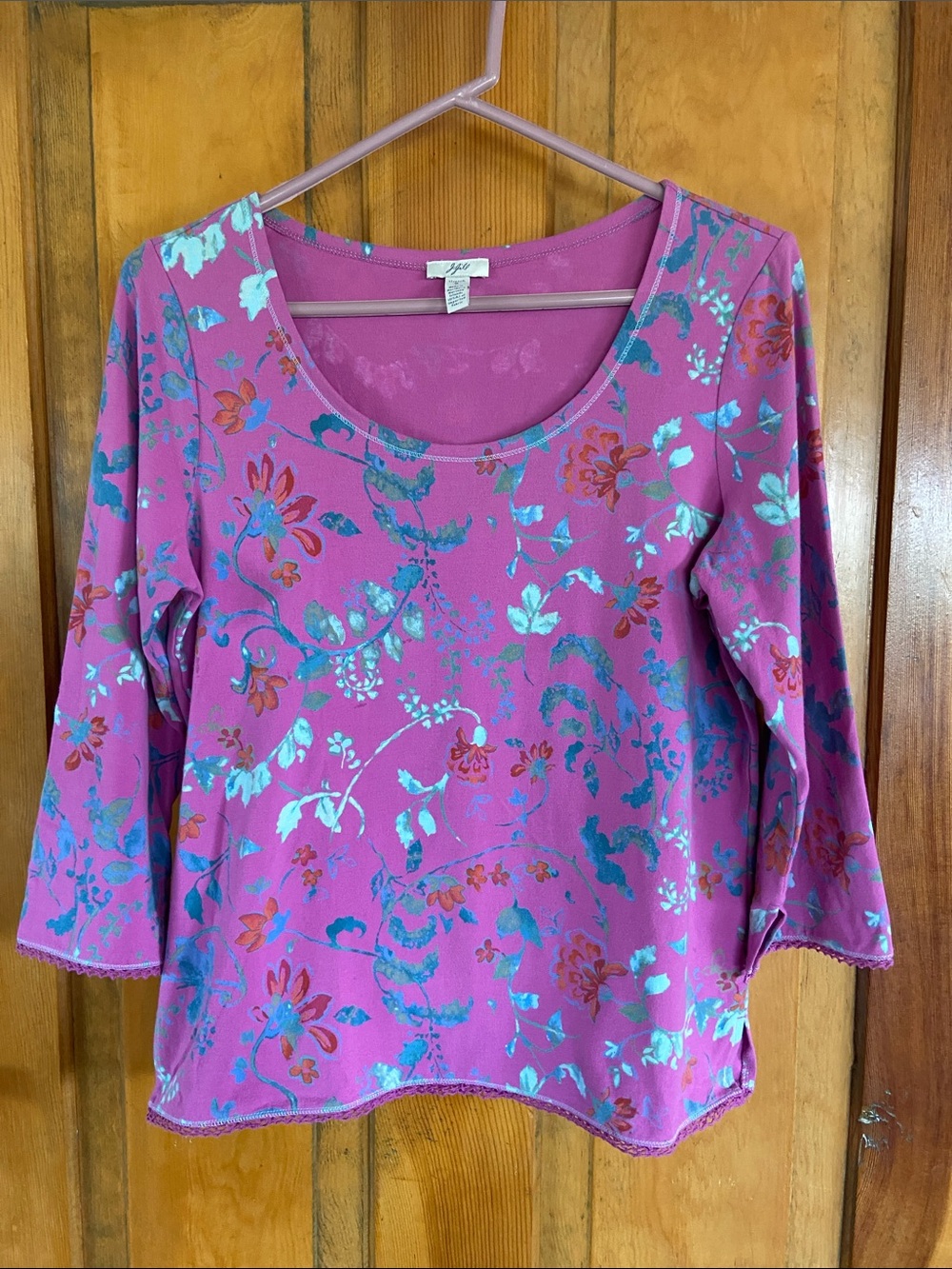 J. Jill Magenta Floral Scoop Neck 3/4 Sleeve Tee